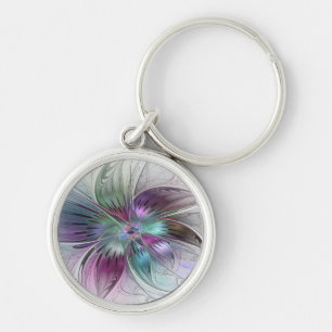 Färg Abstrakt Modern Blommigt Fractal Art Rund Silverfärgad Nyckelring