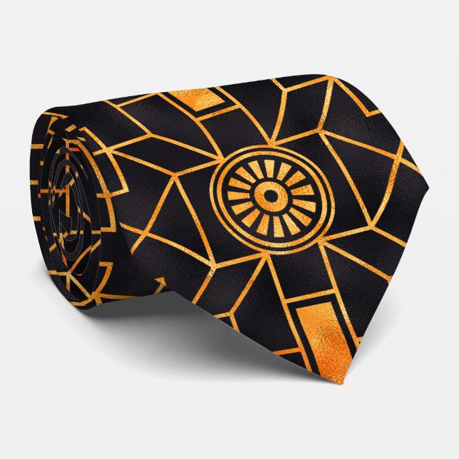 Färg av gyllene koppar i svart Art-Deco mönster Slips (Rullad)