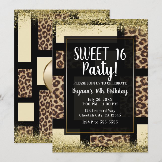 Färg Block Cream Ivory Black & Leopard Cheetah Inbjudningar (Fram/baksida)