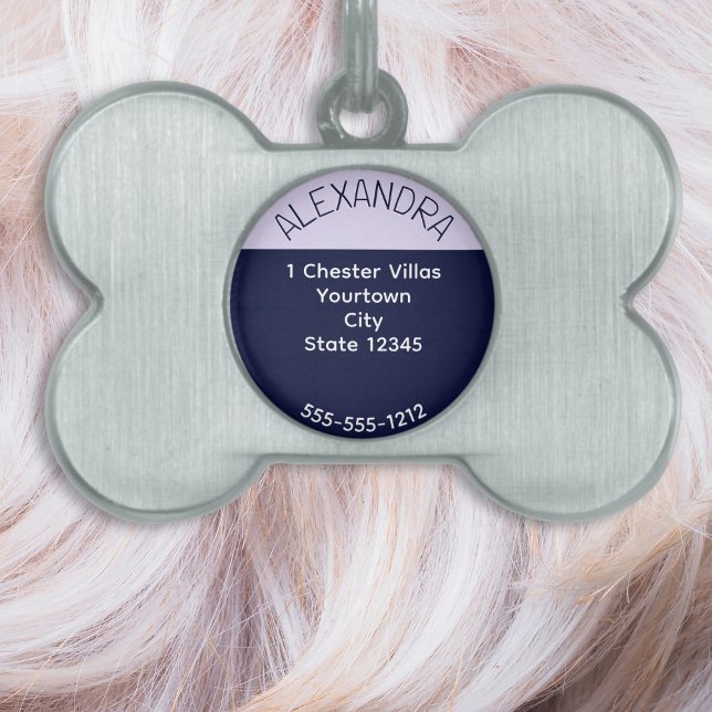 Färg Block Navy Blue Lilac Modern Chic Elegant ID-bricka Husdjur (A pet tag with color block design in lilac and navy blue. Add your address, phone no. and pet's name)