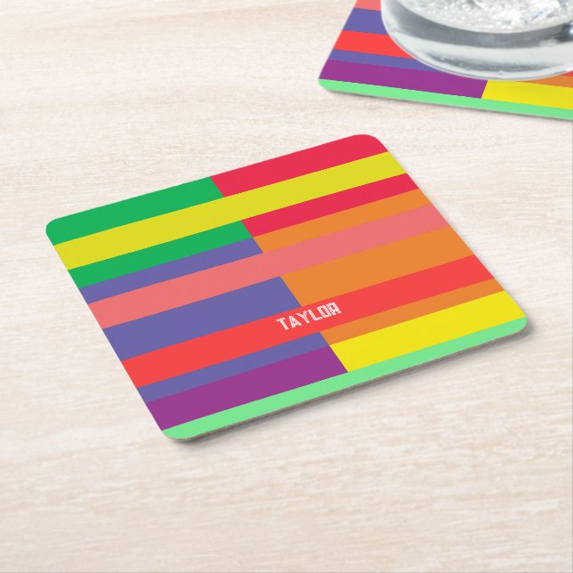 Färg block Rand Monogram Namn Rainbow Underlägg Papper Kvadrat (Vinklad)