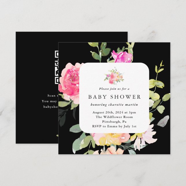 Färg Blommigt Babykläder QR-kod svart Inbjudningar (Fram/baksida)