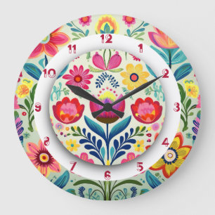 Färg Blommigt Boho målar två krona Stor Klocka