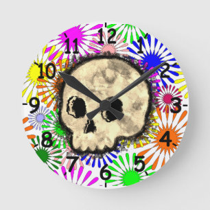 Färg Blommigt Burst Skull vattenfärg Rund Klocka