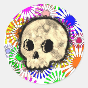 Färg Blommigt Burst Skull vattenfärg Runt Klistermärke