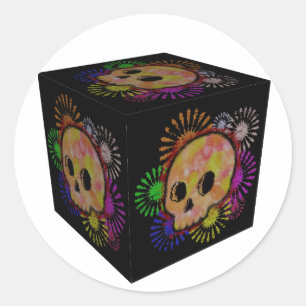 Färg Blommigt Burst Skull Watercolor Cube Runt Klistermärke