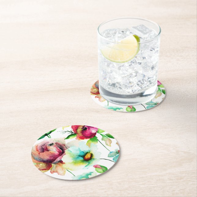 Färg Blommigt Kollage Watercolor Illustration Underlägg Papper Rund (Insitu)