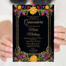 Färg Blommigt och svart bakgrund Quinceañera Inbjudningar