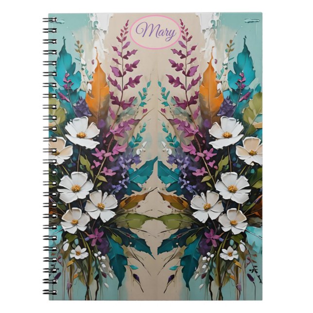 Färg Blommigt på Teal Blue Beige *Personalisera* Anteckningsbok (Framsidan)