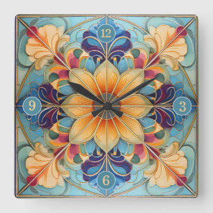 Färg Blommigt Pat# Pulver Blue Guld ID1078 Fyrkantig Klocka