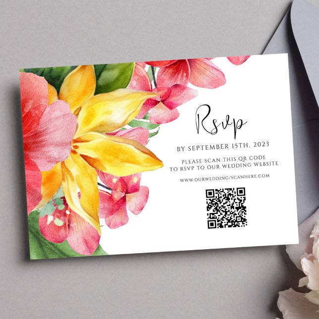 Färg Blommigt QR-kod Tropical Bröllop OSA Kort (Colorful Floral QR Code Tropical Wedding RSVP Card)