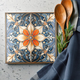 Färg Blommigt Tile Mönster#9 Blue Ivory ID1078 Kakelplatta