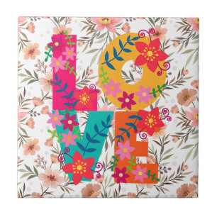 Färg Blommigt Typografi på Pastel Boho Flowers Kakelplatta