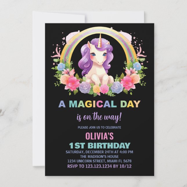 Färg Blommigt Unicorn Birthday-inbjudningar Inbjudningar (Framsida)