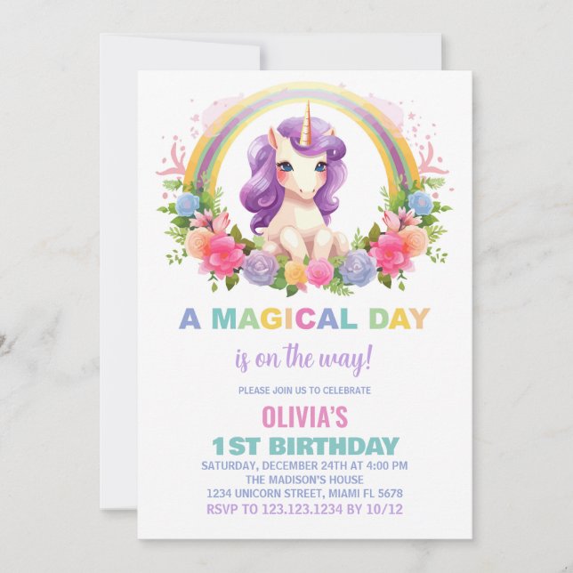 Färg Blommigt Unicorn Birthday-inbjudningar Inbjudningar (Framsida)