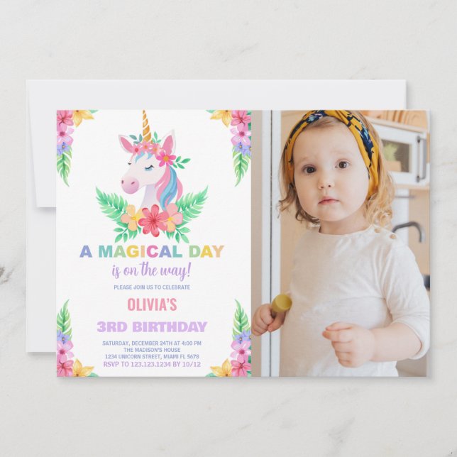 Färg Blommigt Unicorn Birthday-inbjudningar med fo Inbjudningar (Framsida)