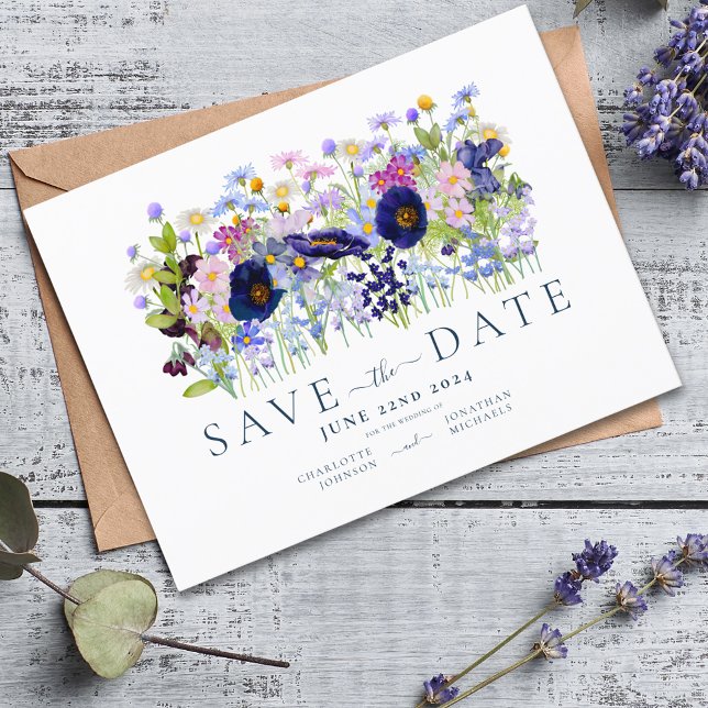 Färg Blommigt Vattenfärg Bröllop spara datum Inbjudan Vykort (Colorful wildflower wedding save the date budget postcard invitation )