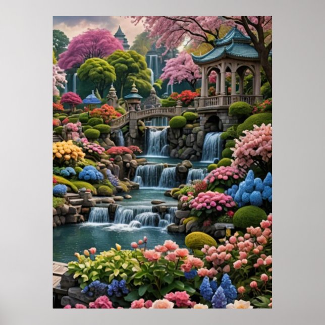 Färg Blomsterträdgård med vattenfall Poster (Framsidan)