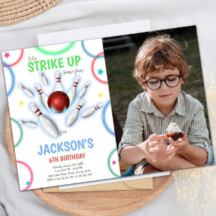 Färg Bowling Birthday-inbjudningar med foto Inbjudningar