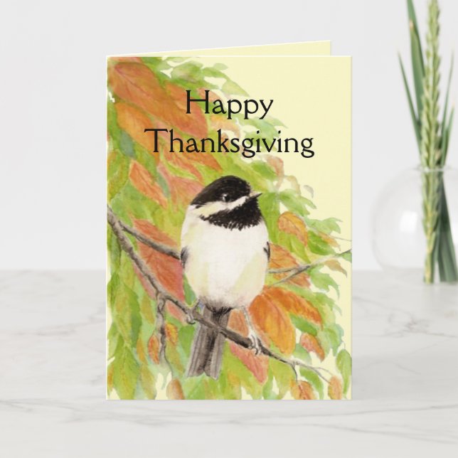 Färg Chickadee fågelkonst på hösten Happy thanksgi Helgkort (Framsida)