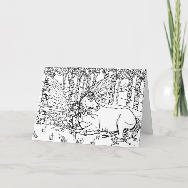 Färg den Yourt Fantasy Fairy och Unicorn Kort (Framsida)