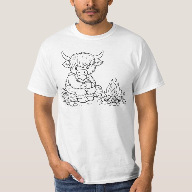 Färg-din-egen Highland-ko Mäns T-shirt lägereld (Framsida)