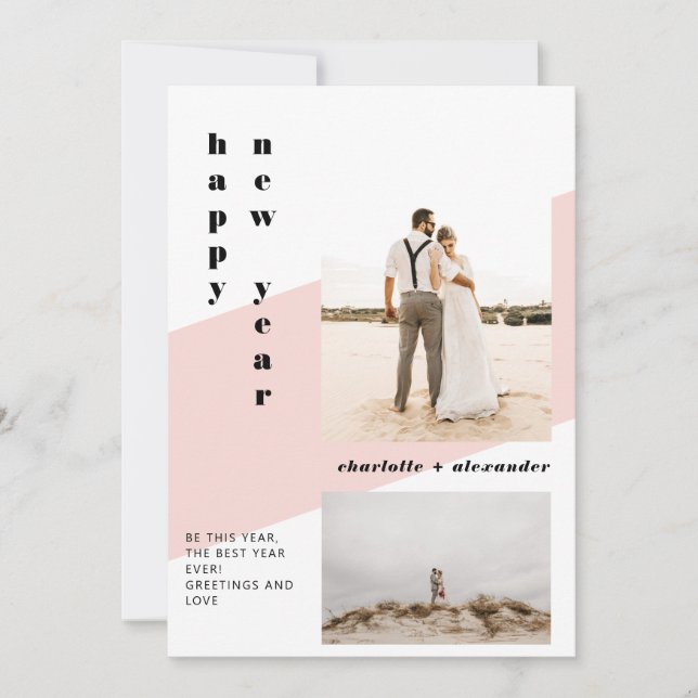 Färg fet skrivstil rosa gott nytt år 2 foto julkort (Framsida)