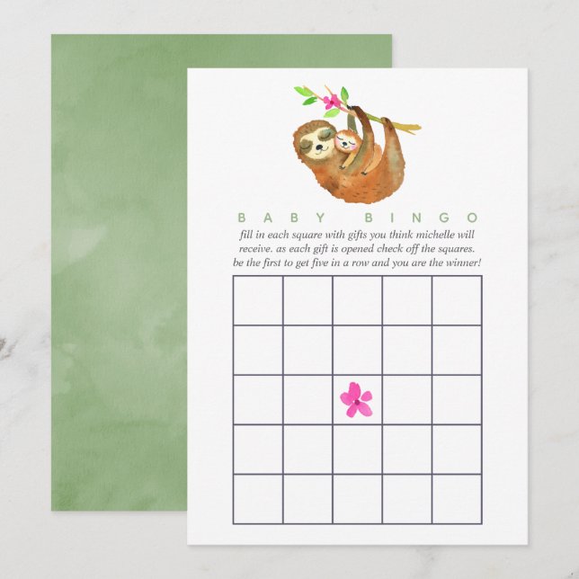 Färg för cute Watercolor Sloth, babystövel Bingo Inbjudningar (Fram/baksida)