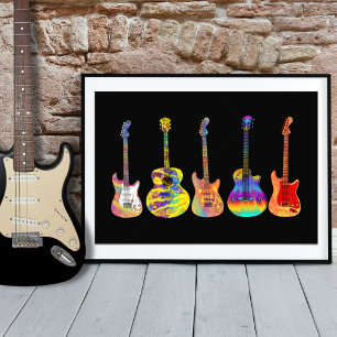 Färg Funky Guitar Art på svart Fototryck