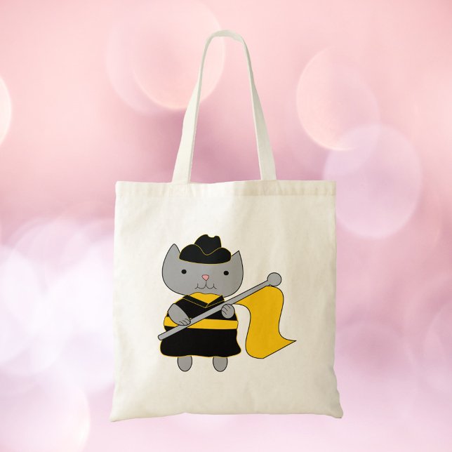 Färg Garden Grå Katt Svart Gul Tygkasse (A tote bag featuring a gray cat with black and yellow color guard uniform.)