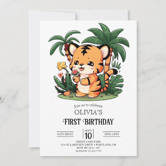 Färg, grym tiger 1:a födelsedag digital inbjudningar (Framsida)