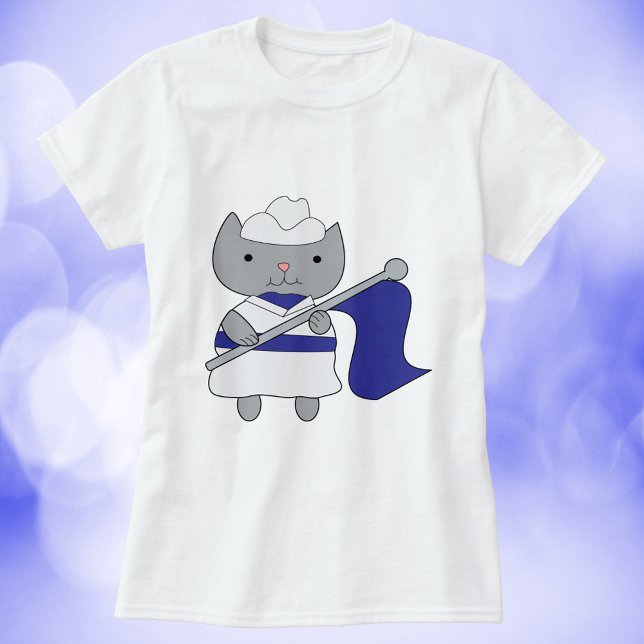 Färg Guard Cat Blue White T Shirt (A shirt with a cute kitty cat wearing a blue and white color guard uniform.)