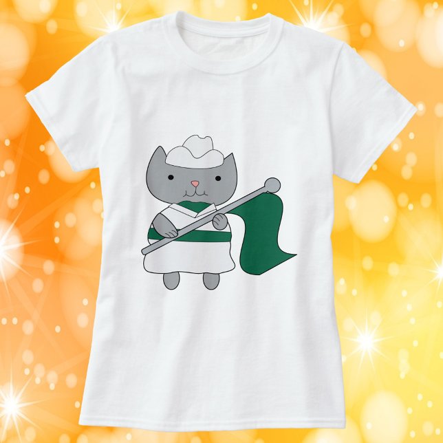 Färg Guard Cat Grönt White T Shirt (A tshirt featuring a gray cat wearing a green & white color guard uniform while holding a green flag)