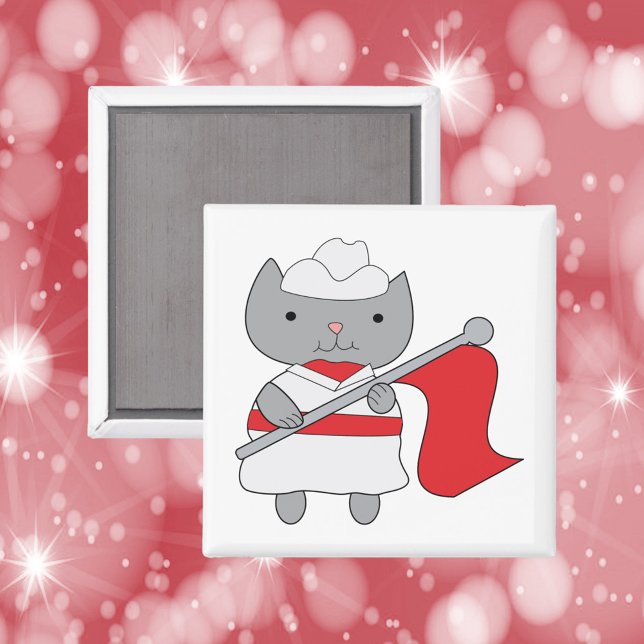 Färg Guard Cat Red White Magnet (A magnet featuring a gray cat in a red and white color guard uniform.)