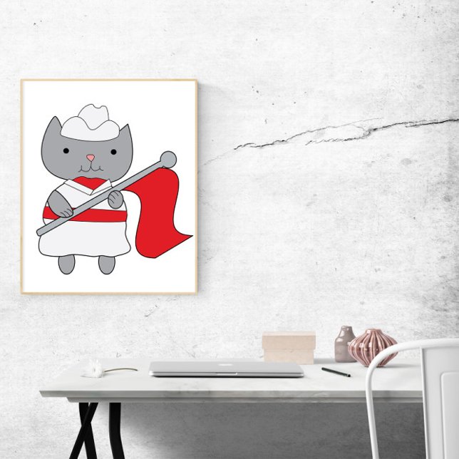 Färg Guard Cat Red White Poster (This poster features a cute gray cat wearing a red and white color guard uniform.)