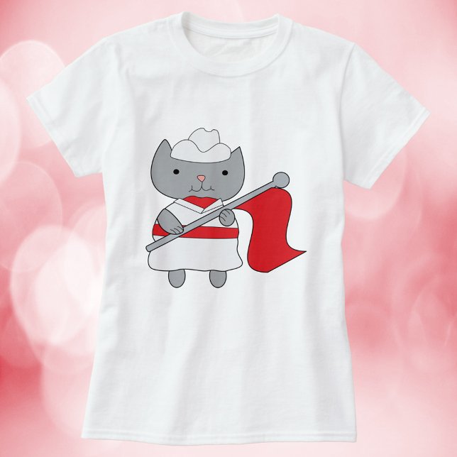 Färg Guard Cat Red White T Shirt (A fun shirt with a gray cat wearing a red and white color guard uniform.)