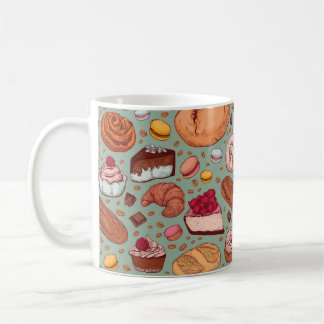 Färg-hand plockade-sketch stil-bageripåse. Diffe Kaffemugg