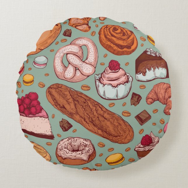 Färg-hand plockade-sketch stil-bageripåse. Diffe Rund Kudde (Framsidan)