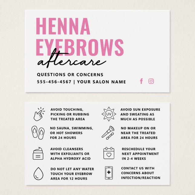 Färg Henna Brows Brows Brows Tint Aftercare Card Visitkort (Framsida & baksida)