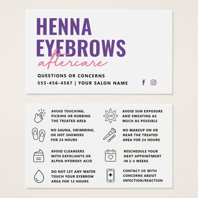 Färg Henna Brows Brows Brows Tint Aftercare Card Visitkort (Framsida & baksida)