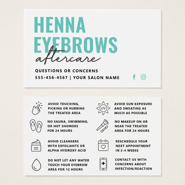 Färg Henna Brows Brows Brows Tint Aftercare Card Visitkort (Framsida & baksida)