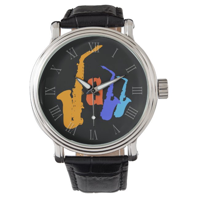 Färg i Jazz Sax Illustration Roman Numerals W2 Armbandsur (Framsida)