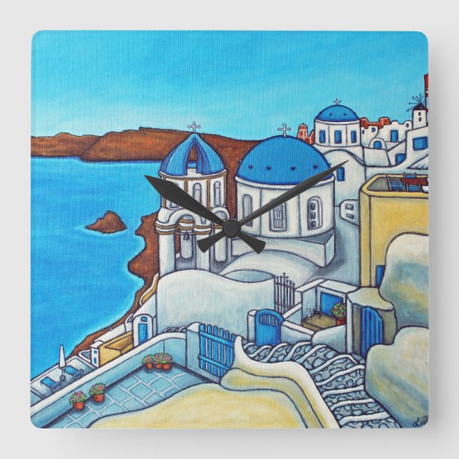 Färg i Santorini Wall Clock Fyrkantig Klocka (Framsida)