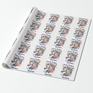 Färg Lila Magic Blommigt Unicorn Watercolor Presentpapper