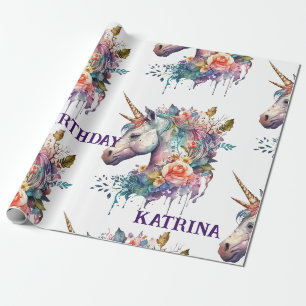 Färg Lila Magic Blommigt Unicorn Watercolor Presentpapper