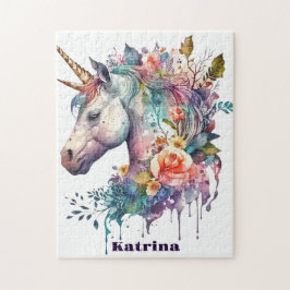 Färg Lila Magic Blommigt Unicorn Watercolor Pussel