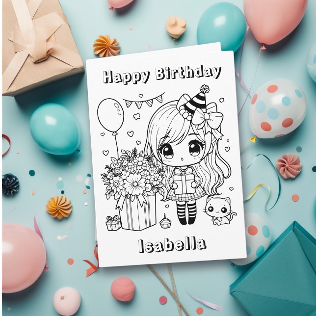 Färg Me Anime Girl Birthday Kort (Skapare uppladdad)