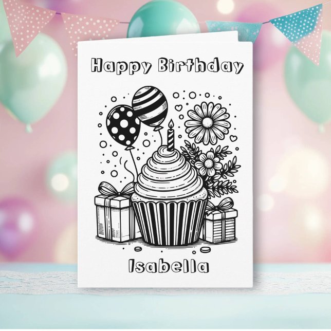 Färg Me Page Cuptårta och Flowers Girl Birthday Kort (Skapare uppladdad)