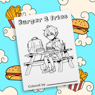 Färg Me Page för barn | Anime Boy Burger och Frie
