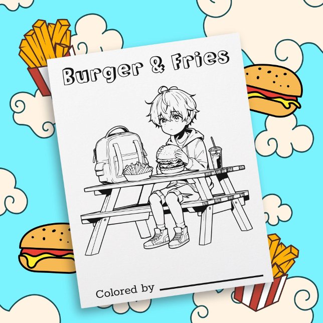 Färg Me Page för barn | Anime Boy Burger och Frie (Skapare uppladdad)